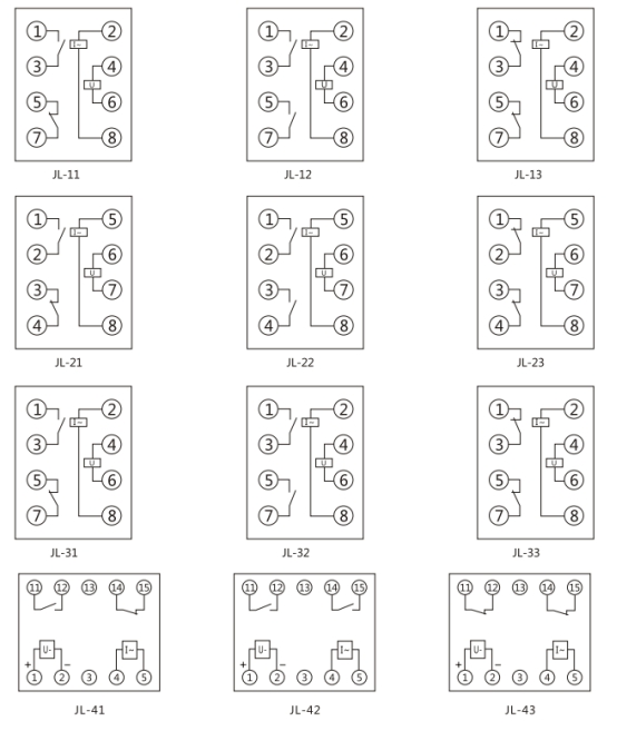 JL-21內部接線及外引接線圖(正視圖)