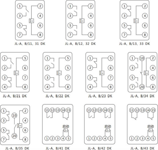 JL-A、B/11 DK無輔源電流繼電器內(nèi)部接線及外引端子圖（正視圖）