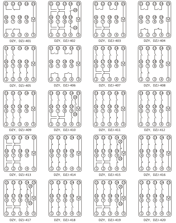 DZY（J)-404導軌式中間繼電器內部端子外引接線圖(正視)