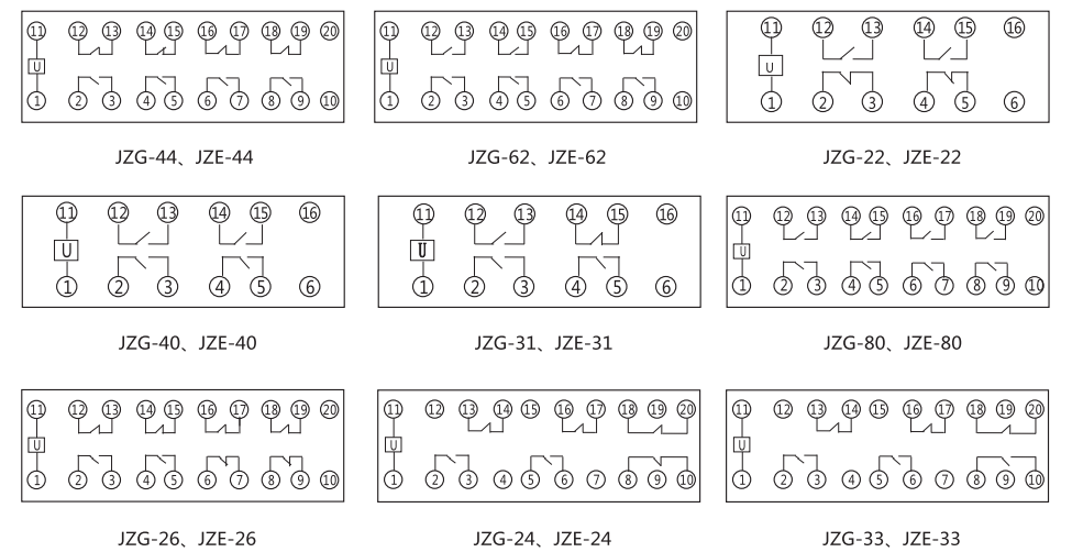 JZG-40卡軌式靜態中間繼電器內部端子外引接線圖